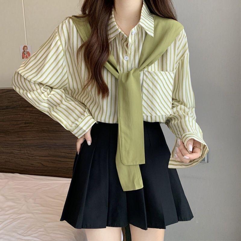 Áo SơMi Nữ Tay Dài Phối Khăn Cổ Dáng Suông Phong Cách Hàn Quốc Mẫu Mới Mã RB012