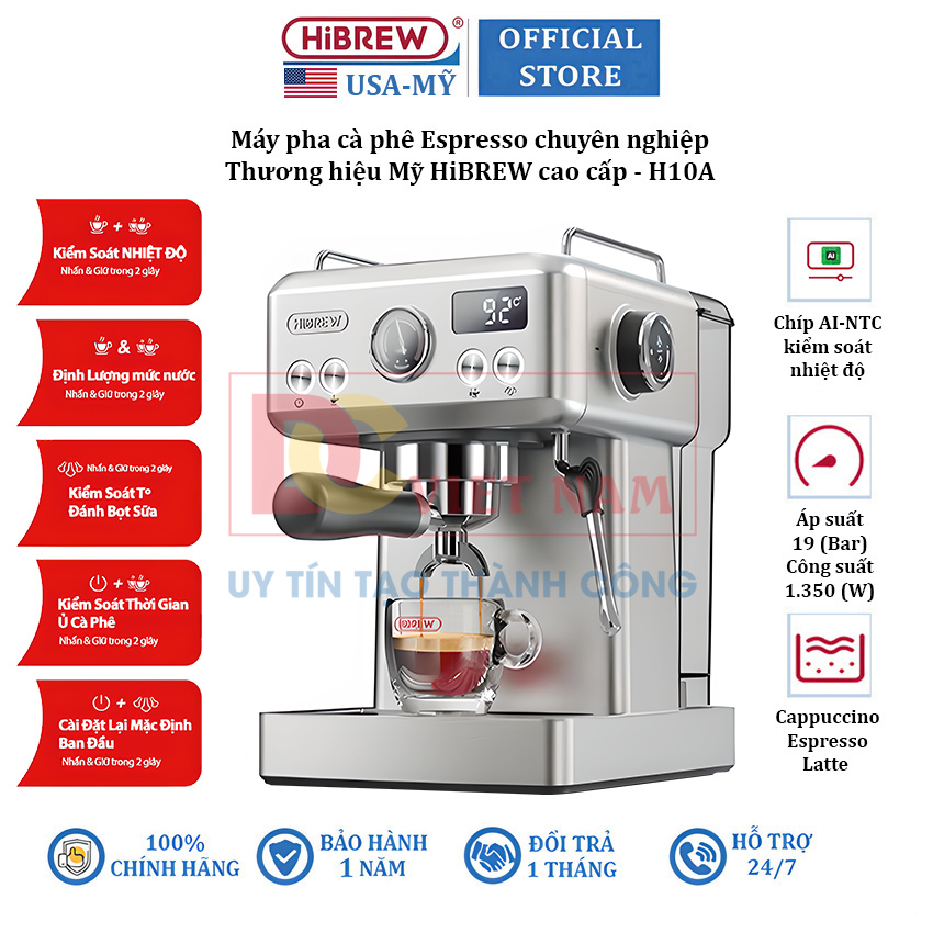 Máy pha cà phê Espresso CAO CẤP - thương hiệu Mỹ HiBREW HÀNG CHÍNH HÃNG GIÁ SỐC (H10A)