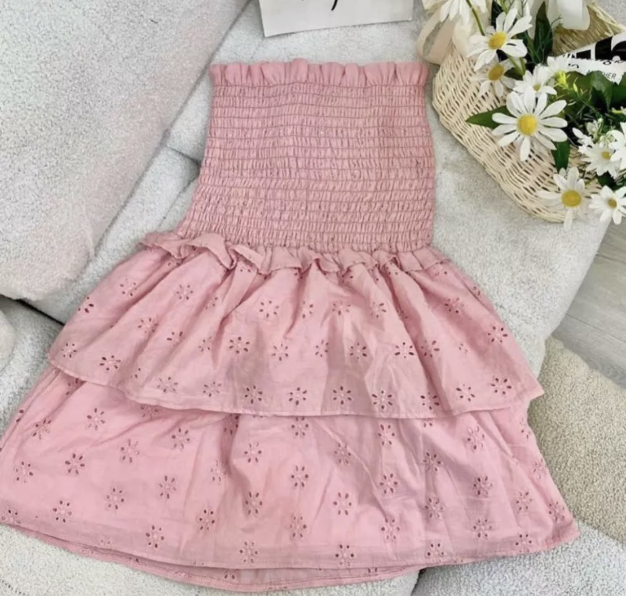 ĐẦM ỐNG NGẮN LƯNG THUN TẦNG XẾP LY REN TRẮNG SUÔNG TRƠN ĐI TIỆC DẠO PHỐ ĐI BIỂN