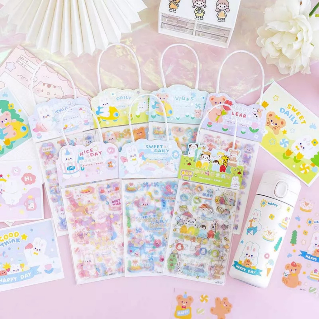 Set 3 Túi Sticker ( 9 Tấm Hình Dán ) Phong Cách Hàn Quốc Siêu Dễ Thương Có Quai Xách