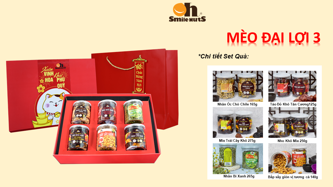 Hộp Quà Tết Cao cấp Smile Nuts _ Mừng Xuân Quý Mão - MÈO ĐẠI LỢI 3 _ Gồm: Nhân óc chó Chile 165g, Nho mix Chile 250g, Táo đỏ jumbo 125g, Bắp Mỹ sấy giòn 140g, Nhân bí xanh 265g, Mix trái cây các loại 275g _ Tặng kèm túi giấy đỏ sang trọng