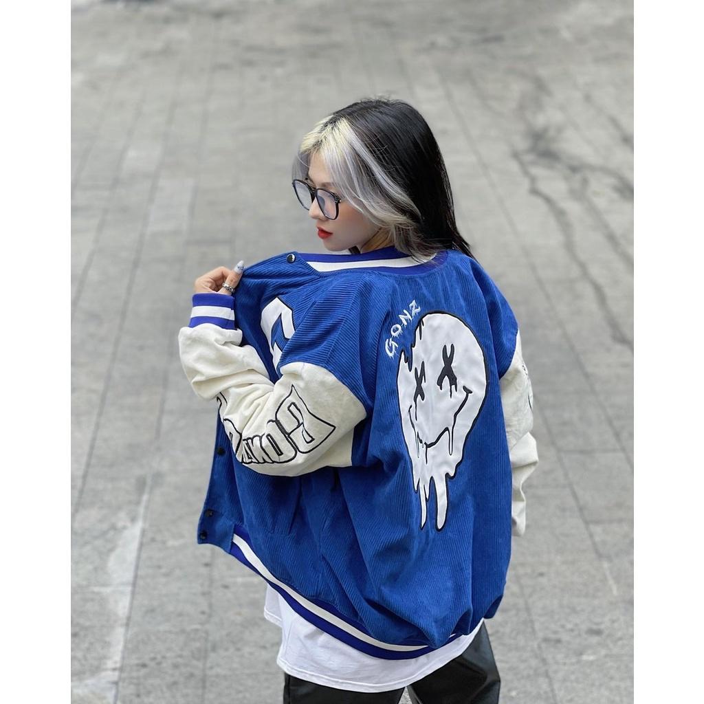 Áo Khóac Form Rộng Nhung Tăm Jacket Varsity FunFace Blue V13