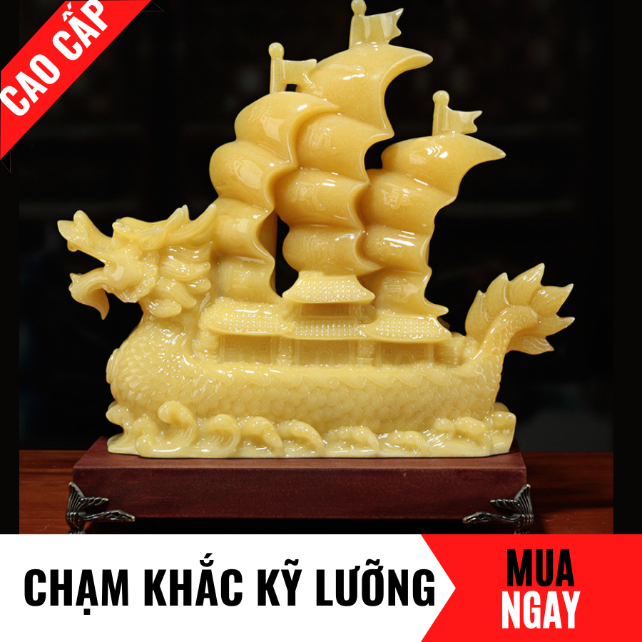 Thuyền Buồm Rồng Trang Trí Phong Thủy Bằng Đá Hoàng Ngọc Cao 31cm