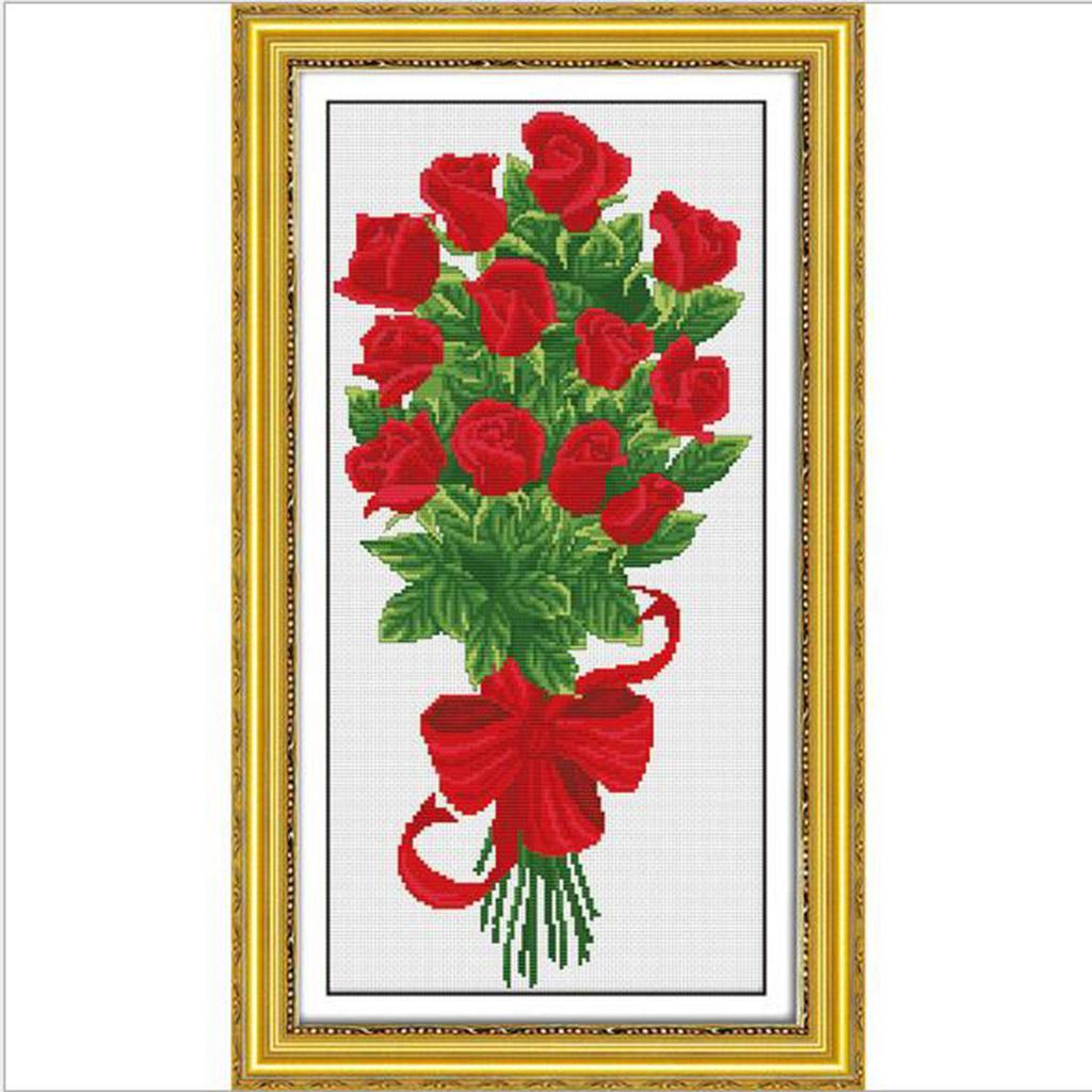 DIY Stamped Cross Stitch Kits Pre-Printed Roses Bouquet Pattern Embroidery