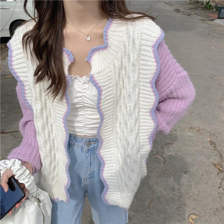 Cardigan Len | Áo Khoác Cardigan Len Nữ Dệt Kim Dày Dặn Phối Trắng Tím Viền Lượn Sóng Ulzzang Hàn Quốc