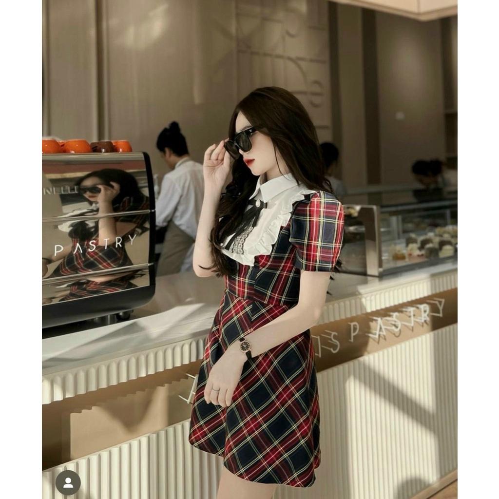Đầm ngắn caro cổ trắng bèo nơ đen tiểu thư công chúa công sở dịu dàng