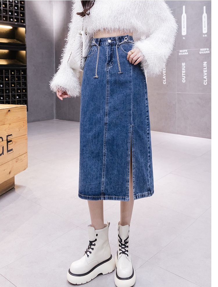 Chân váy jean ngang gối 08 phối dây xích lưng cá tính C101 Cỏ Boutique
