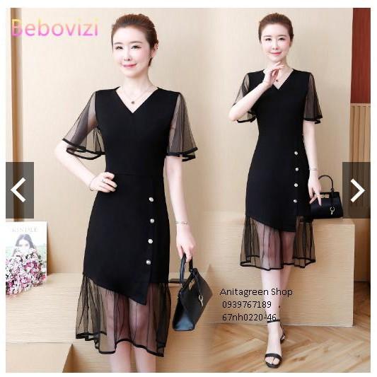 67nh0220-Đầm Midi nữ màu đen tay ngắn phong cách retro s-6xl