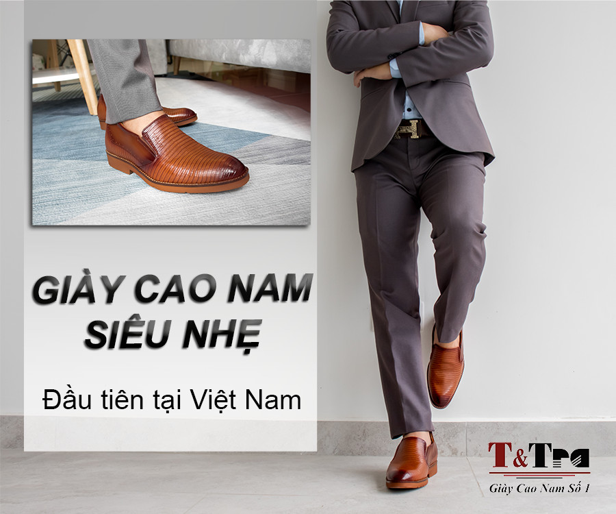 Giày Tăng Chiều Cao Nam Siêu Nhẹ T&amp;TRA Tăng Cao 6Cm- S1085 Nâu Bò Dập Vân Sọc - Chất Liệu Da Bò Cao Cấp, Đế và Lót Tăng Cao Chất Liệu EVA Siêu Nhẹ, Trọng Lượng Nhẹ Hơn 30% So Với Đế Cao Su