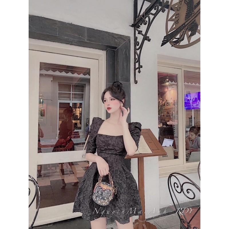 Đầm xoè cổ vuông tay phồng chất gấm xốp cao cấp