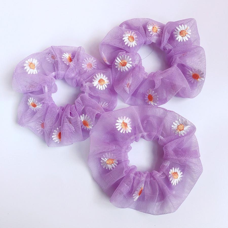 Combo 3 dây buộc tóc Scrunchies cúc thêu tím