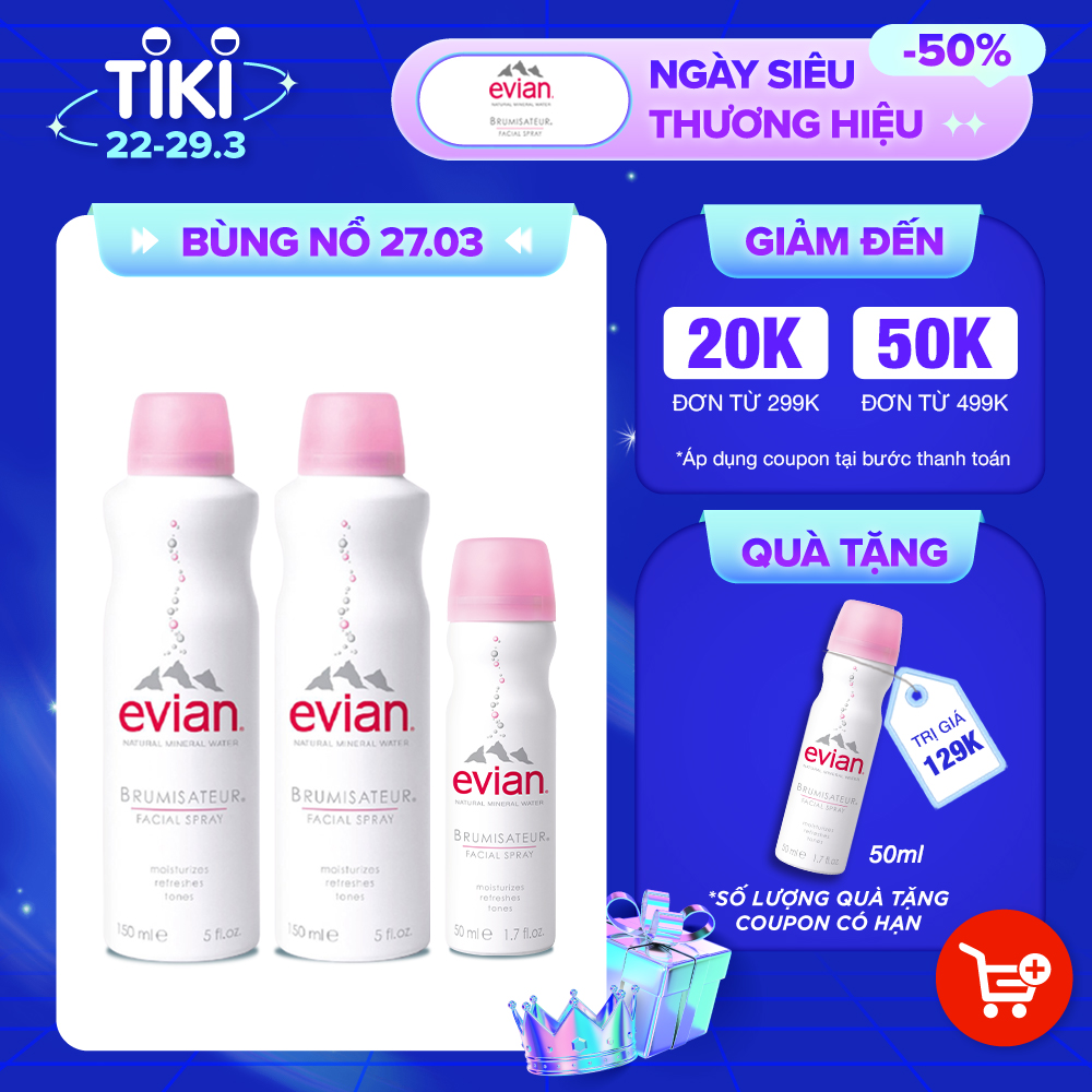 Combo 3 xịt khoáng cấp ẩm và làm dịu da Evian 150ml x 2 + 50ml