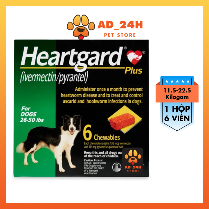 1 hộp x 6 viên HEARTGARD (mẫu mới) tẩy giun chó từ 11.5kg đến 22.5kg