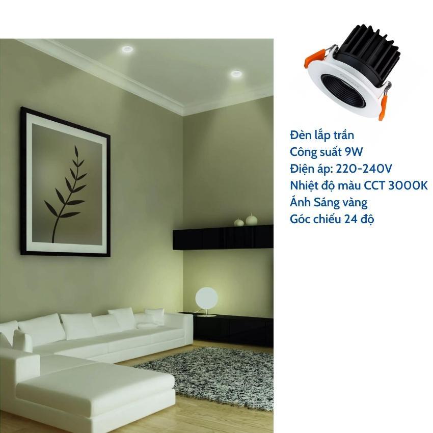 Đèn Led tròn âm trần  công suất 9W- chất liệu hợp kim sơn tĩnh điện, ánh sáng vàng 3000K