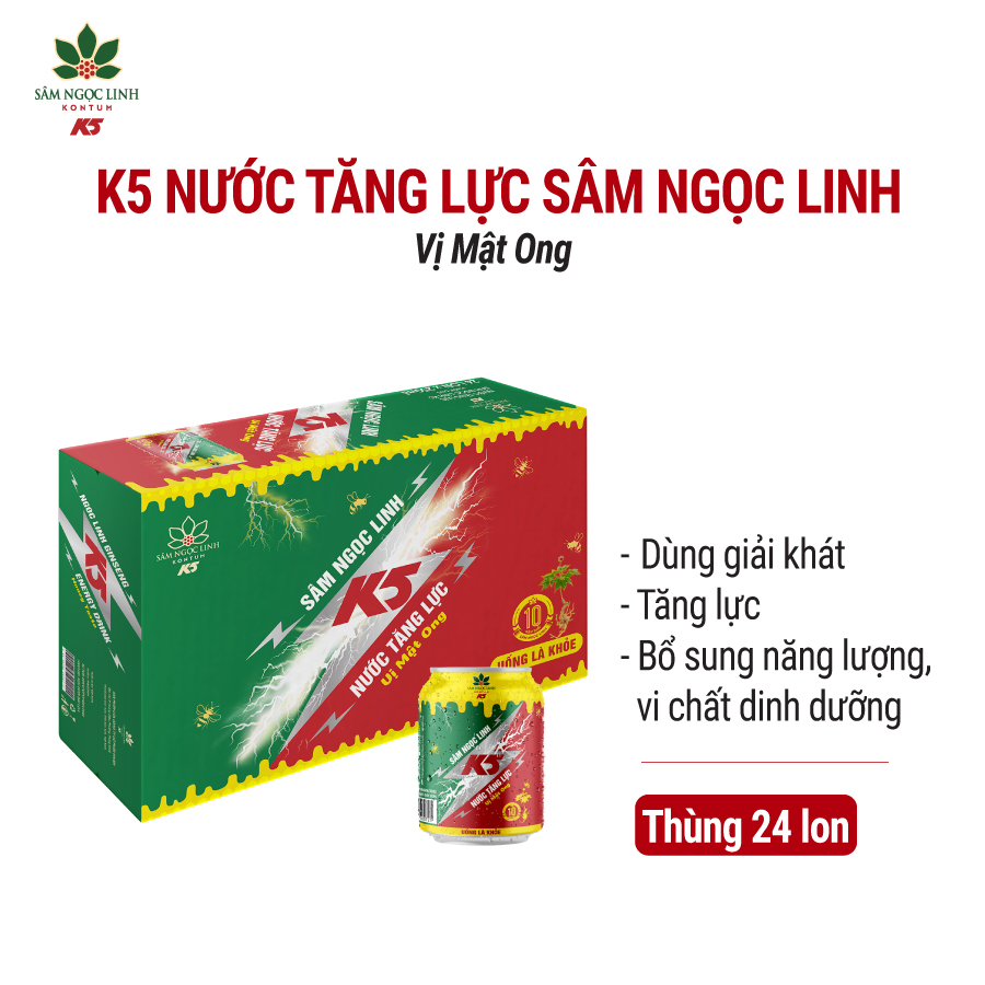 Nước Tăng Lực K5 Sâm Ngọc Linh Thùng 24 Lon Vị Mật Ong (250ml/Lon)