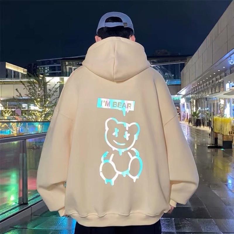 áo hoodie unisex nam nữ hình gấu phản quang có big size vải nỉ bông cao cấp