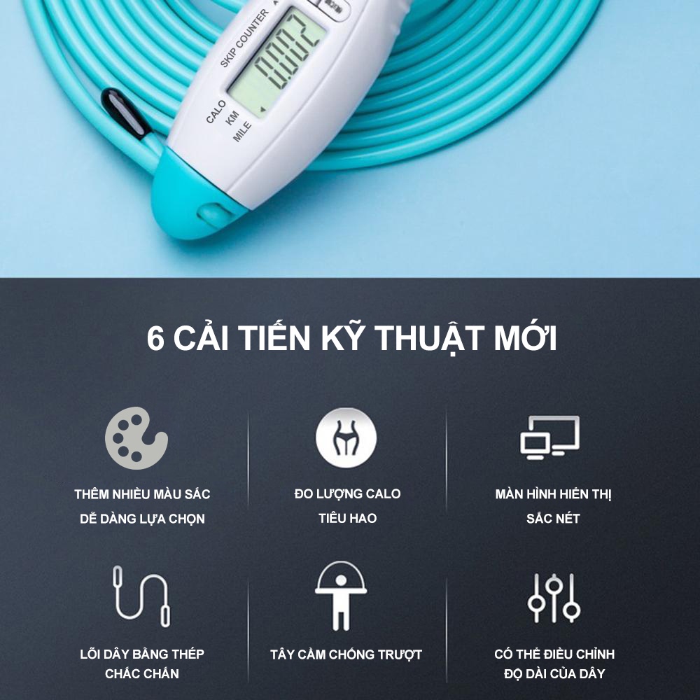 Dây Nhảy Đếm Số Vòng Tự Động, Dây Nhảy Không Dây, 4 Chế Độ, Chống Trượt, dây PVC lõi thép cao cấp