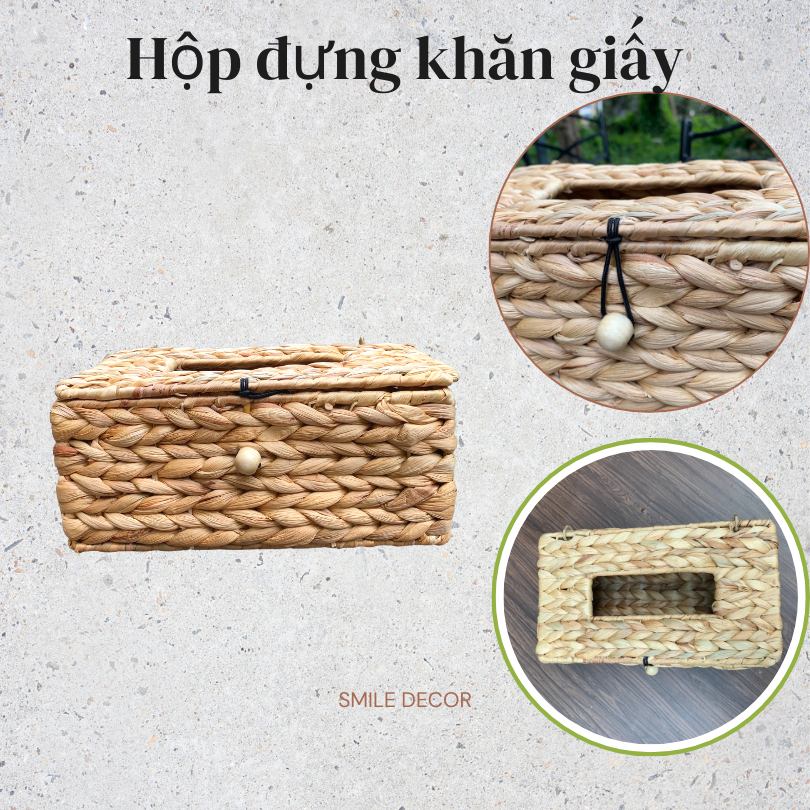 Hộp đựng khăn giấy đan lục bình Smile Decor sang trọng – Rectangle Hyacinth tissue/napkin box cover