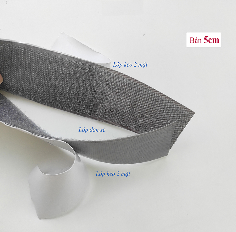 Băng gai dán xé, băng dán xé velcro tape có lớp băng keo 2 mặt-màu xám bản 5cm