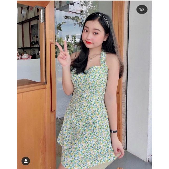 SET ĐẦM MIDI HOA XANH CỔ YẾM KÈM KHOÁC