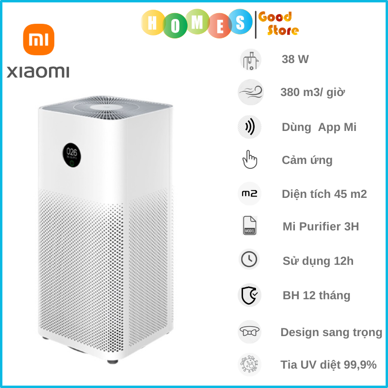 Máy Lọc Không Khí XIAOMI Mi Purifier 3H, Cảm Ứng Khử UV, Kết Nối App, Phù Hợp Không Gian 45 m2 - Hàng Chính Hãng