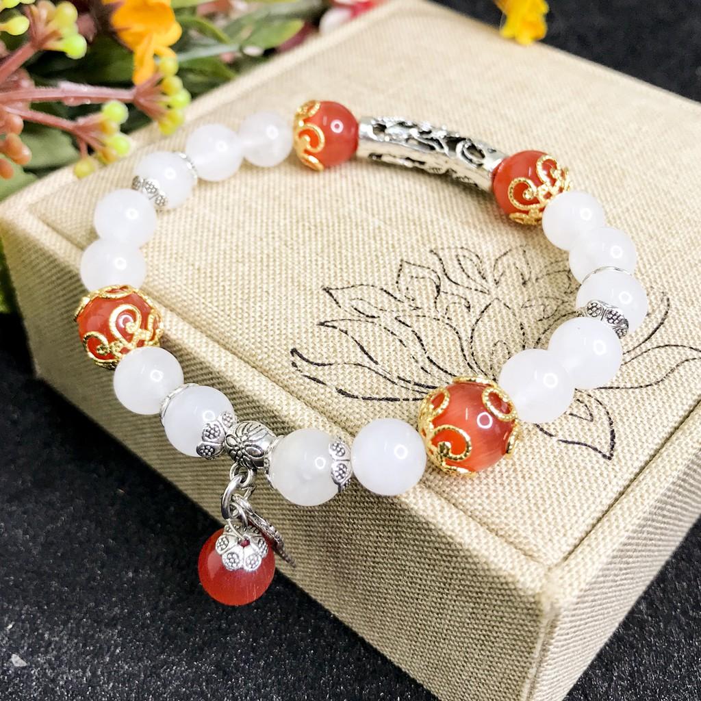 Vòng Tay Phong Thủy Mệnh Kim - Vòng Tay Nữ Mã Não Trắng 8mm Mix Hoa Văn Độc Đáo 2019 V358-8