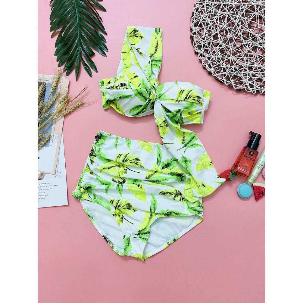 freeship Bikini đi biển hoa lá vàng quây lệch vai độn gọng nâng ngực mặc đi biển đi bơi