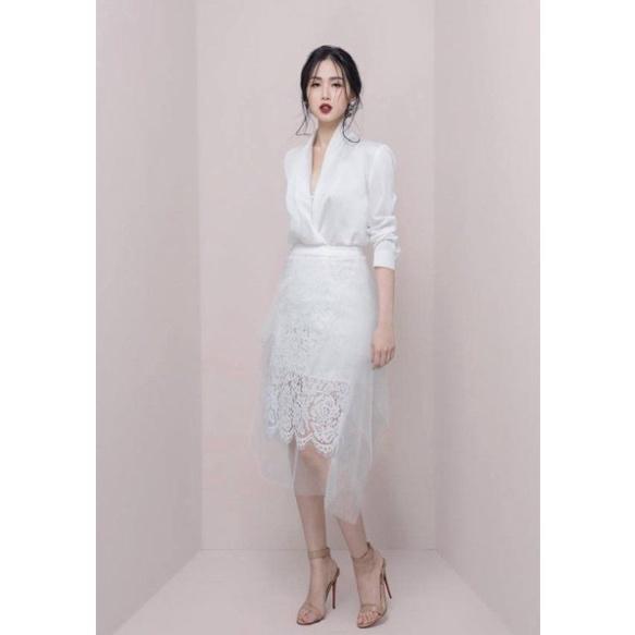 Set áo đầm váy phi mờ ren lưới mềm đen trắng tay dài cổ V công sở đi biển dự tiệc dạo phố bigsize cao cấp
