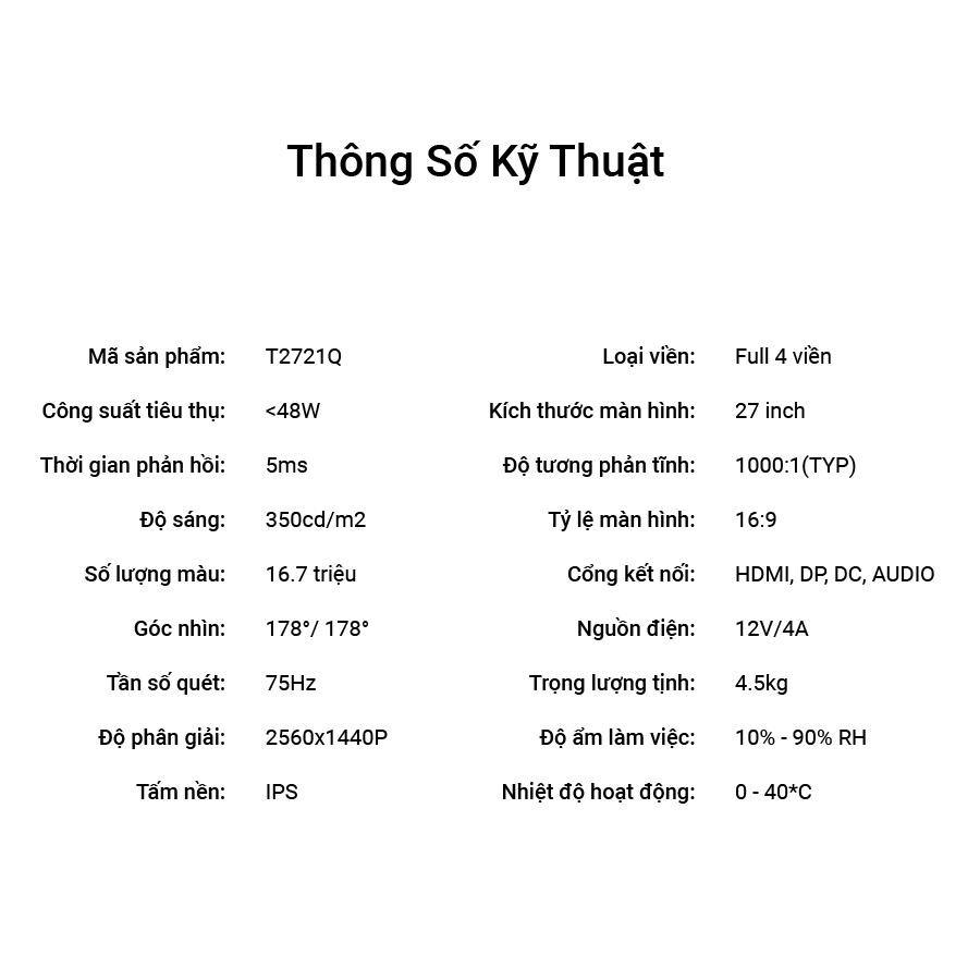 Màn Hình Máy Tính 27 inch T2721Q – Tấm nền IPS Tần số quét 75HZ- Hàng chính hãng