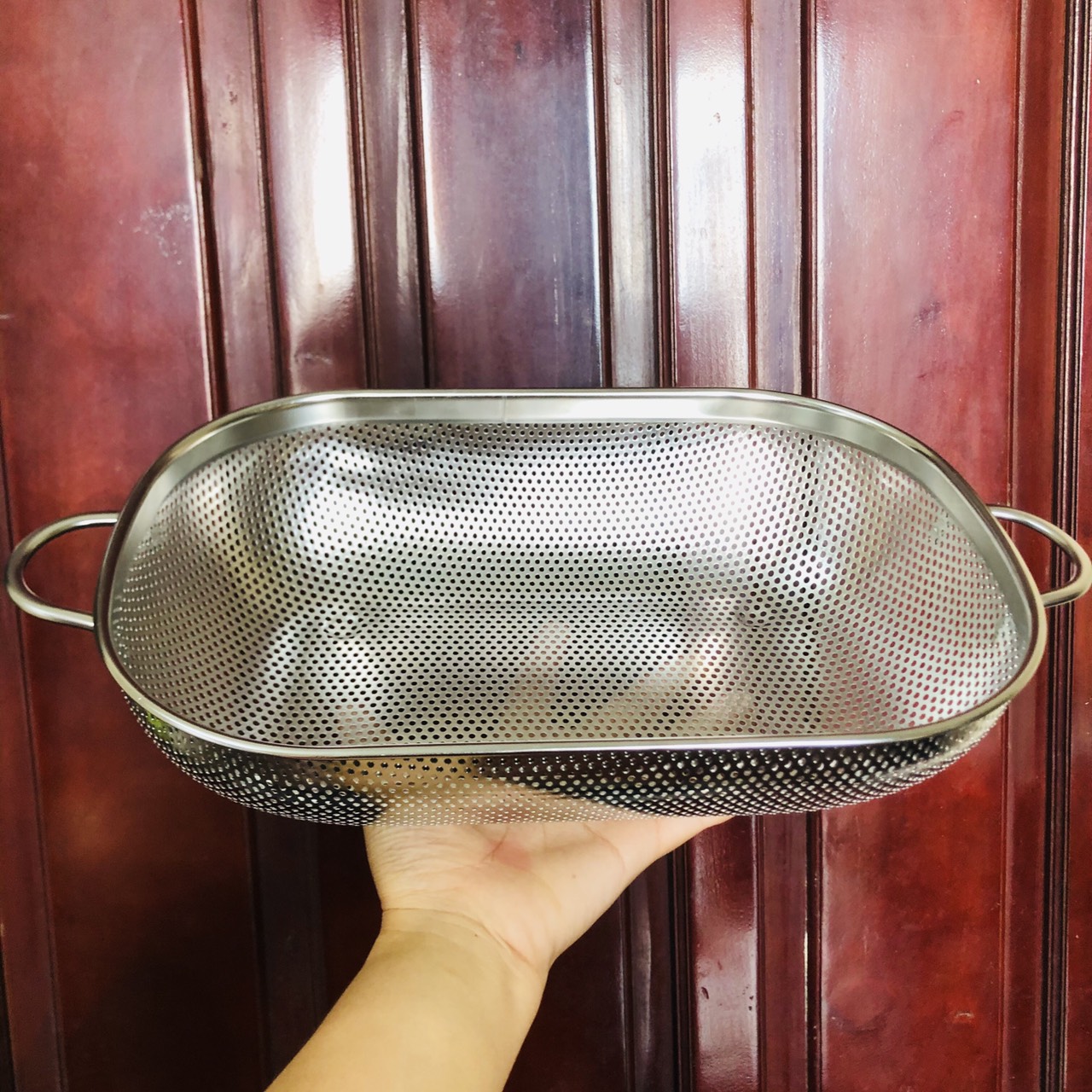 Rổ nhà bếp Inox 304 STAAMI Hàn Quốc oval chữ nhật 2 tay quai có đai cỡ lớn 33,5x23x8cm không hoen gỉ