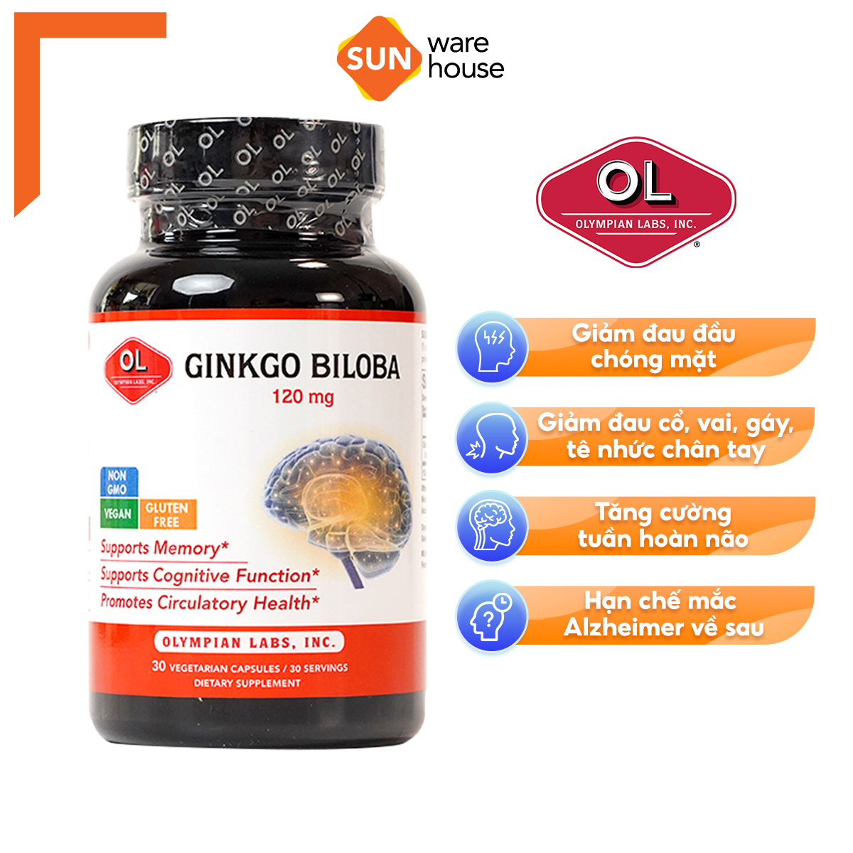 Viên Uống Bổ Não Olympian Labs Ginkgo Biloba 120 mg Tăng Trí Nhớ Hiệu Quả 30 Viên