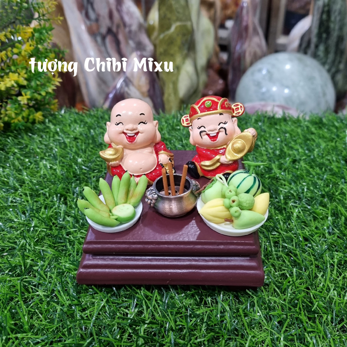 Combo Thần Tài - Thổ Địa  (gồm Thần Tài - Thổ Địa 4cm + Ngũ Quả + dĩa chuối + lư hương + đế vuông 8cm) tặng 10 nhang