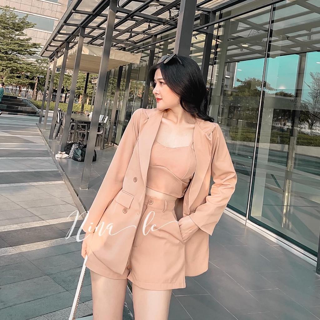 Set bộ 3 món áo croptop kèm quần đùi phối áo khoắc vest thời trang nữ sang chảnh