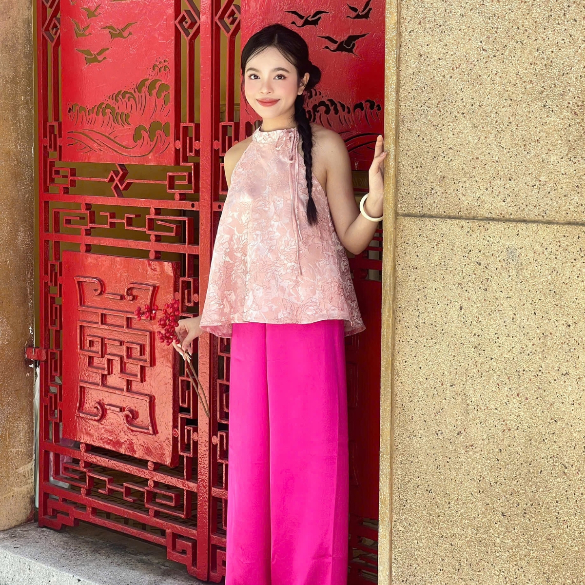 Bộ yếm cách tân vải lụa gấm hoa thiết kế dáng suông cổ yếm Lan Chi Miều Est.2013