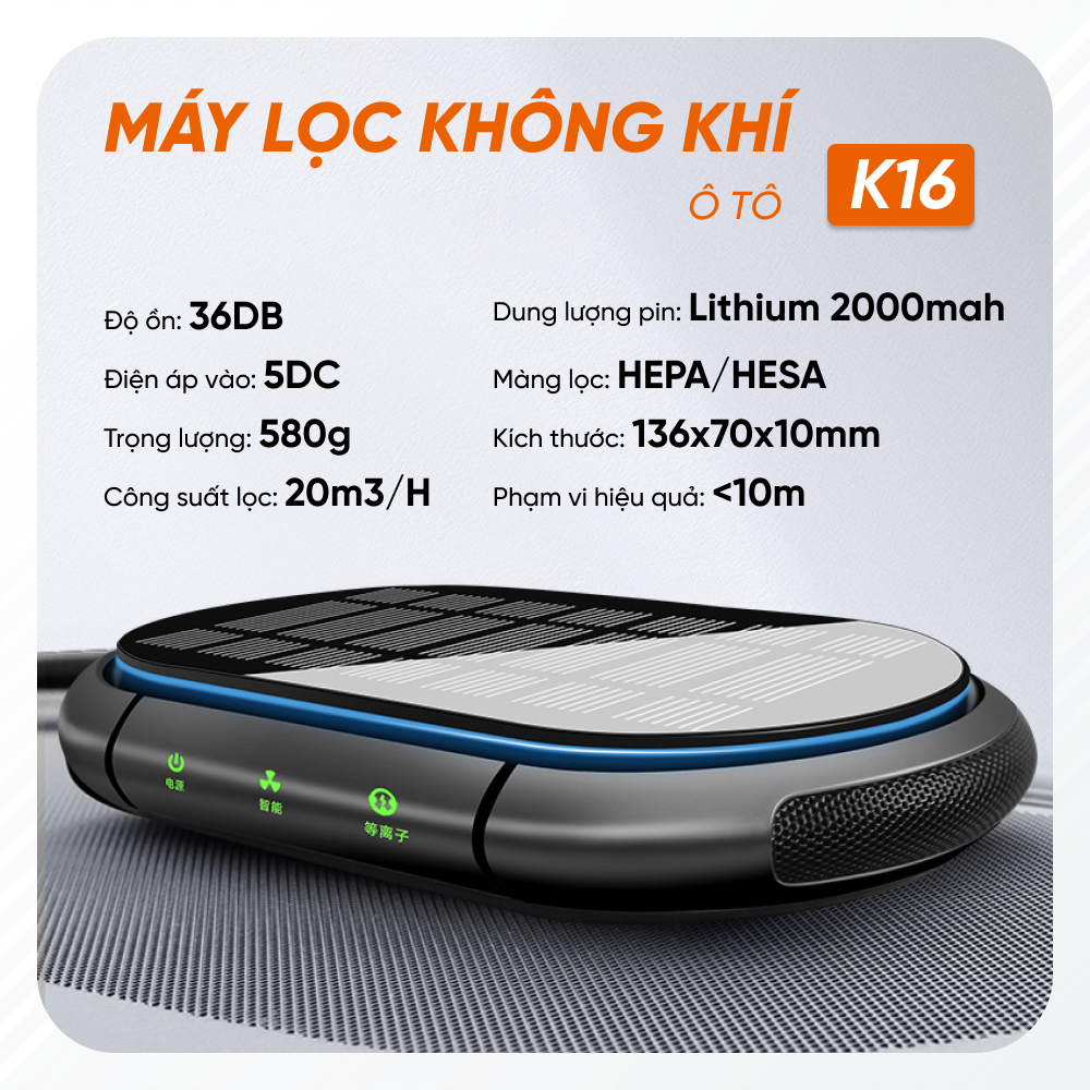 Máy Lọc Không Khí Mini K16 Sử Dụng Cho Xe Ô Tô | Máy Lọc Không Khí Mini Sử Dụng Trong Xe Ô Tô Thông Minh, Lọc Bụi Mịn Đem Lại Không Khí Trong Lành