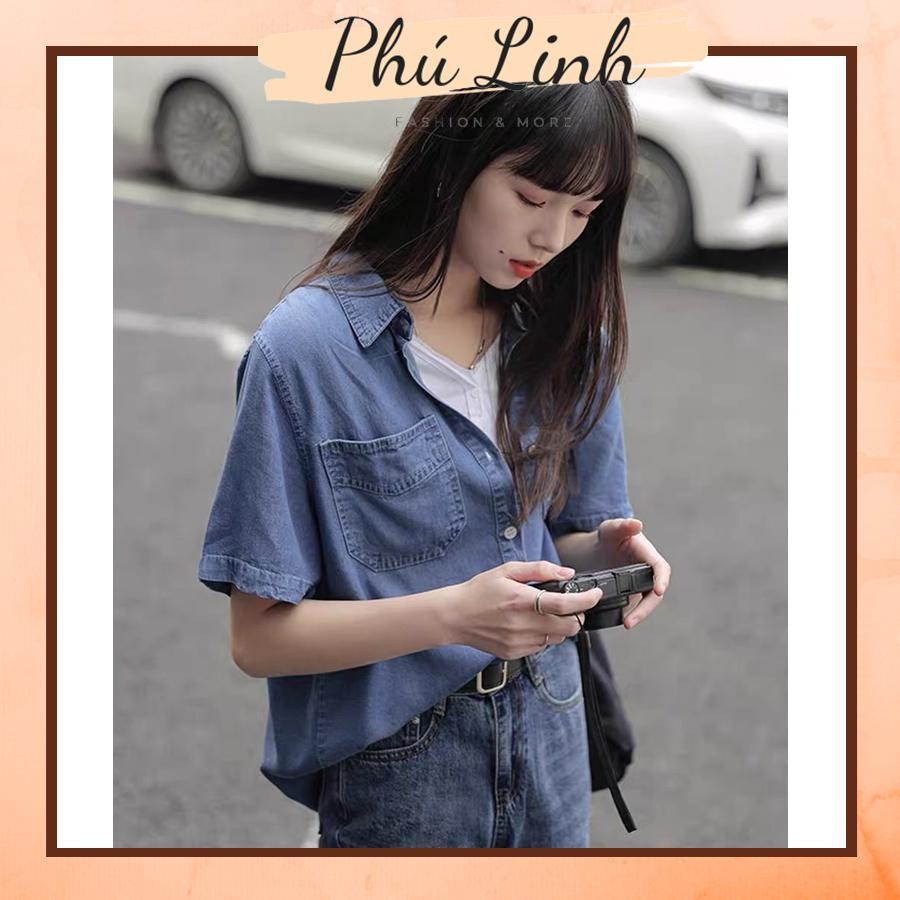 MS683 Áo sơ mi jeans nữ cộc tay hai túi, áo bò túi ngực