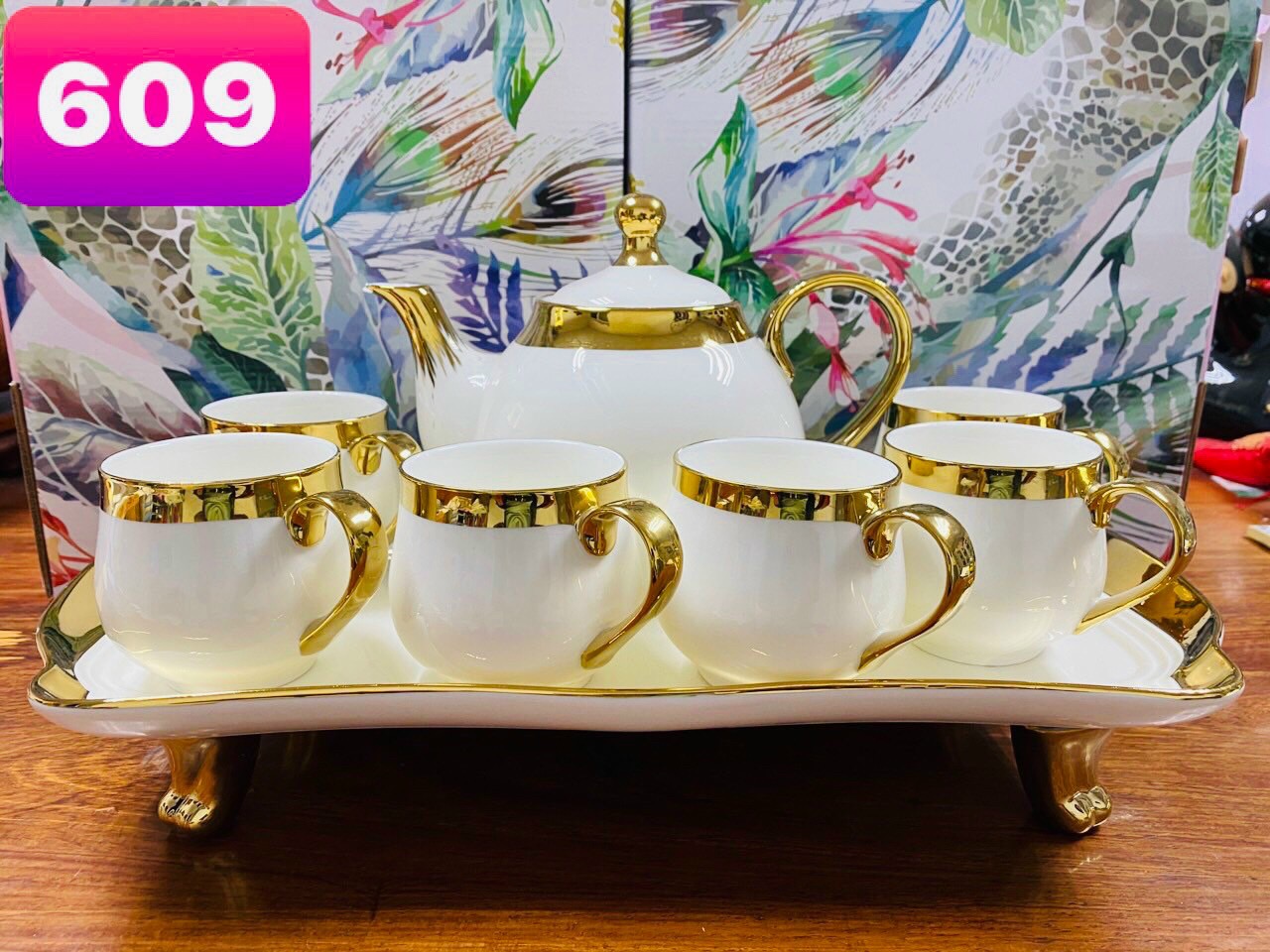 BỘ ẤM CHÉN SỨ XƯƠNG TRẮNG VIỀN VÀNG CAO CẤP - ABD