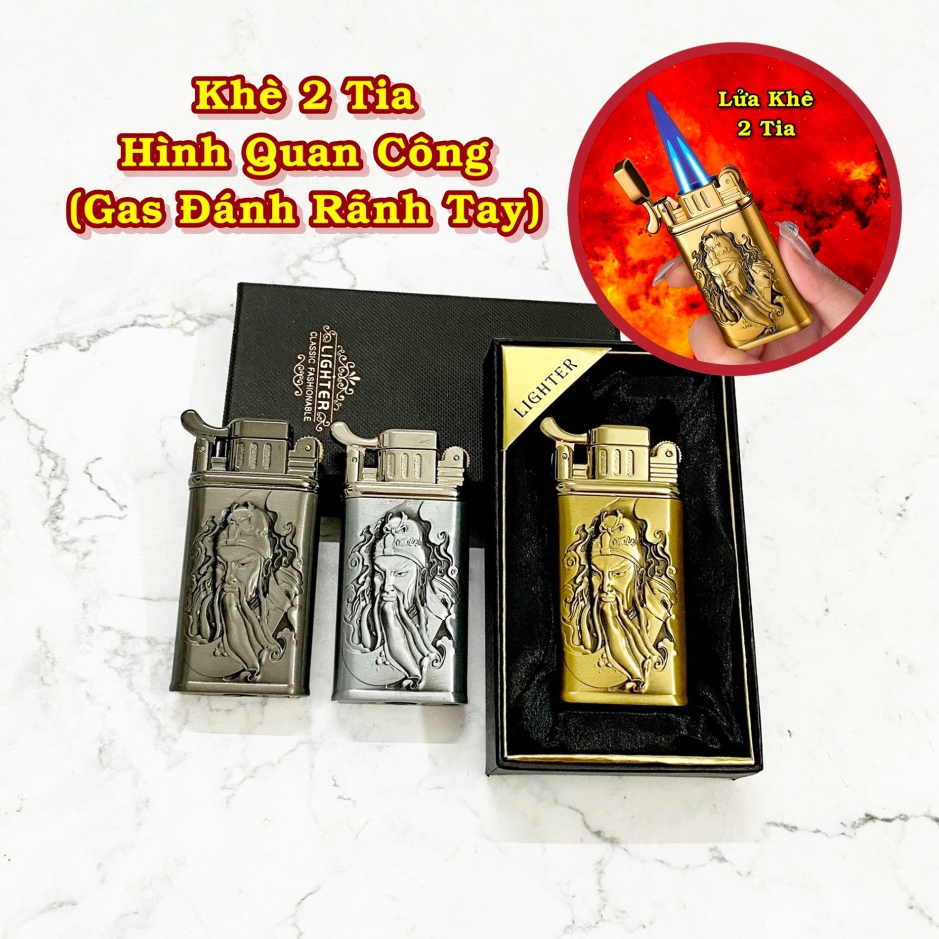 Bật lửa hột quẹt khè gas đá rảnh tay 2 tia hình quan công - xài gas