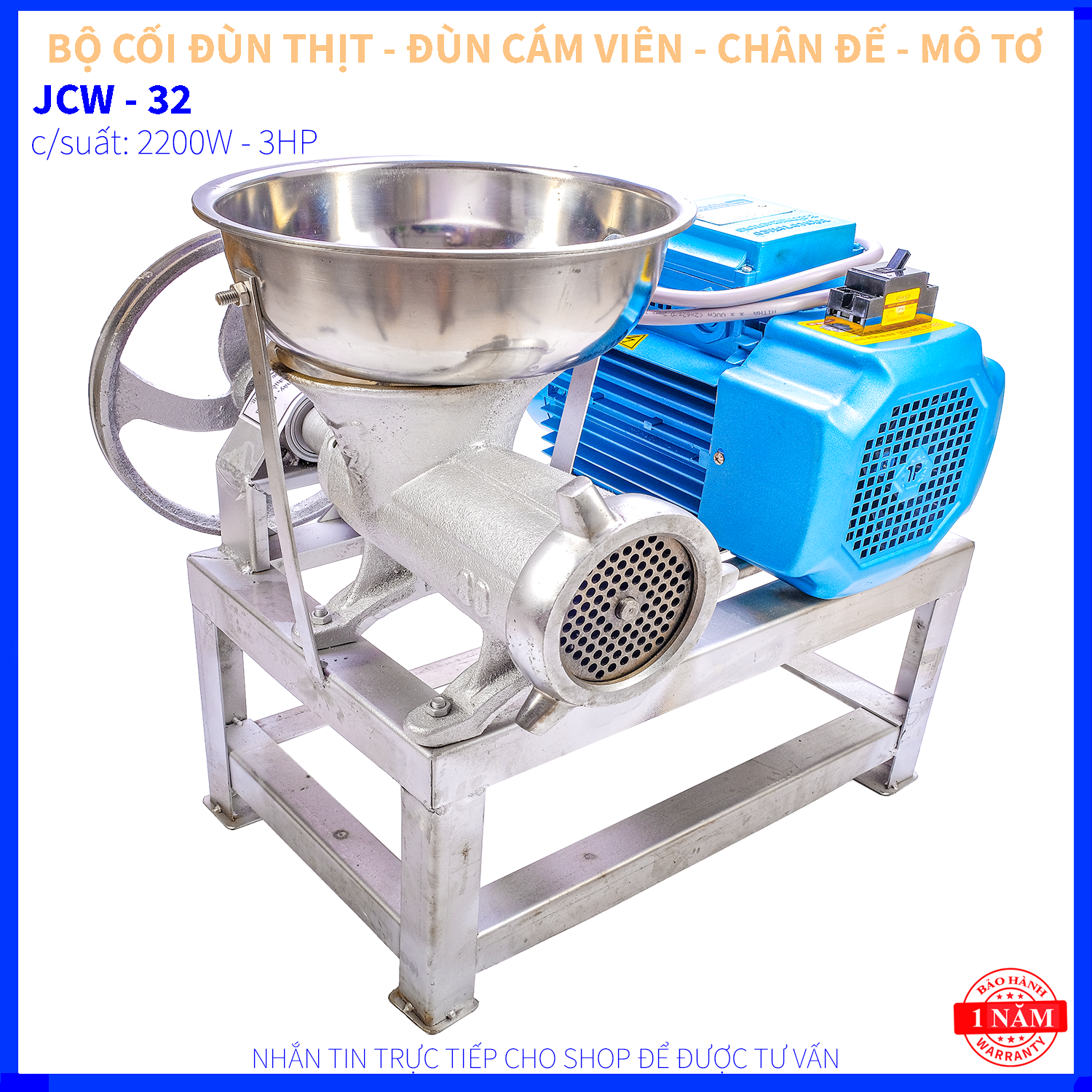 CỐI ĐÙN THỊT JCW 32 GANG 100% - CHÂN ĐẾ SẮT - 2 DÂY CURO - MÔ TƠ 2.2KW - 3HP