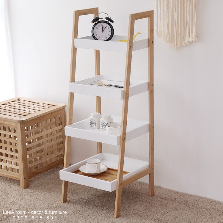 Kệ Khay Đa Năng Gỗ 4 Tầng Cao Cấp Màu Trắng Phối Chân Gỗ | Tray Shelf