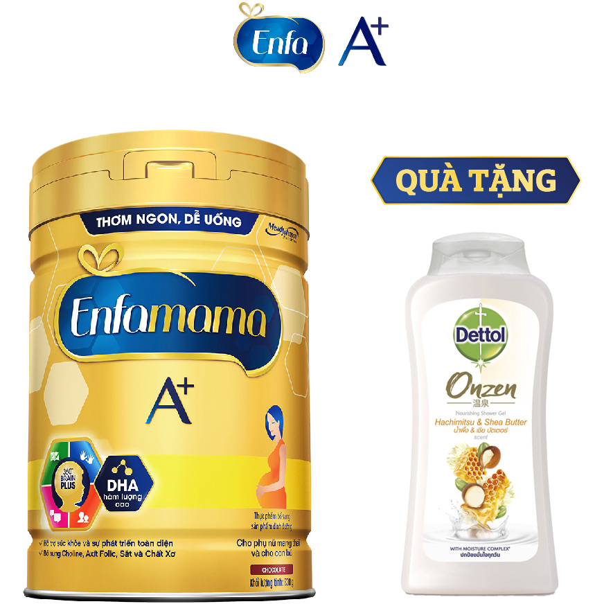 Bộ 1 Lon Sữa Bầu Enfamama 360° Brain Plus Cho Mẹ 830g - Tặng 1 Chai Sữa Tắm Dettol Onzen 200g