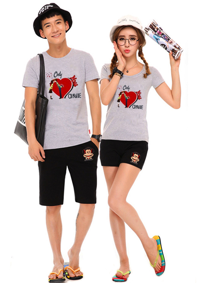 Bộ Áo Thun Đôi Nam Nữ Only love Onnie Màu Xám