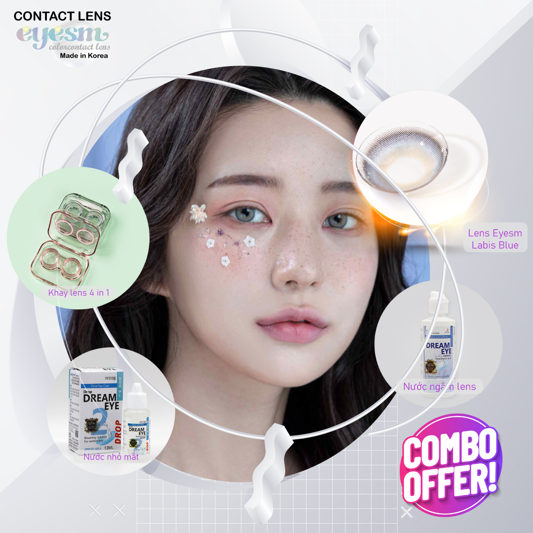 Kính áp tròng Eyesm Labis Blue - Combo lens màu xanh dương - Full phụ kiện