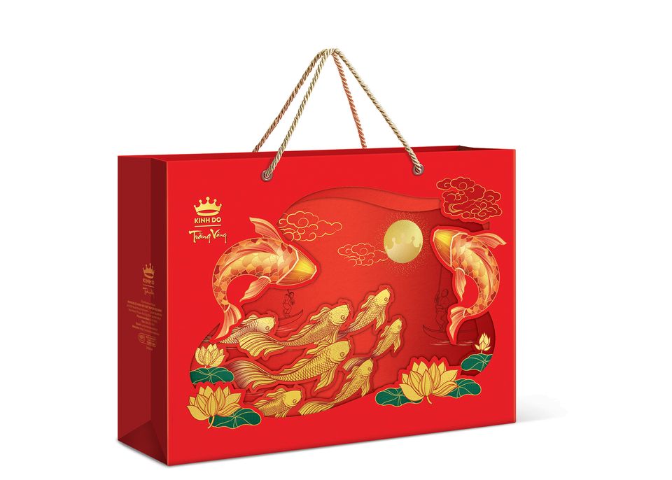[DÒNG CAO CẤP - HỘP 4 BÁNH X160G] Bánh Trung Thu Kinh Đô Trăng Vàng Hoàng Kim Vinh Hiển (Đỏ) + Trà Ô long 50g - Mã bánhHKD