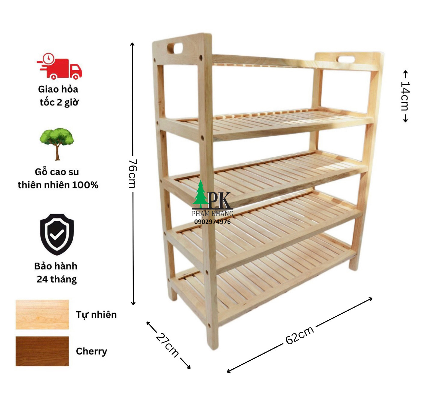 Kệ giày dép gỗ 5 tầng Phạm Khang - Gỗ cao su tự nhiên màu Tự Nhiên/ Vàng Cherry - Kích thước rộng 64 cm/ 70 cm