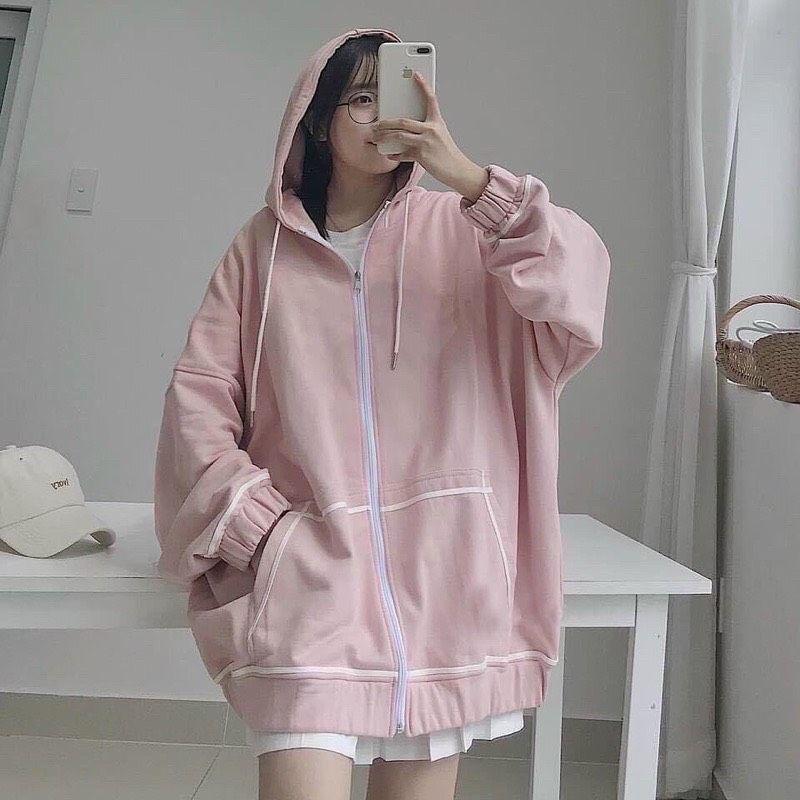 Áo Khoác Nữ Form Rộng Mặc Thoải Mái, Áo Hoodie Zipper Kẻ Viền Túi Nữ Knn15