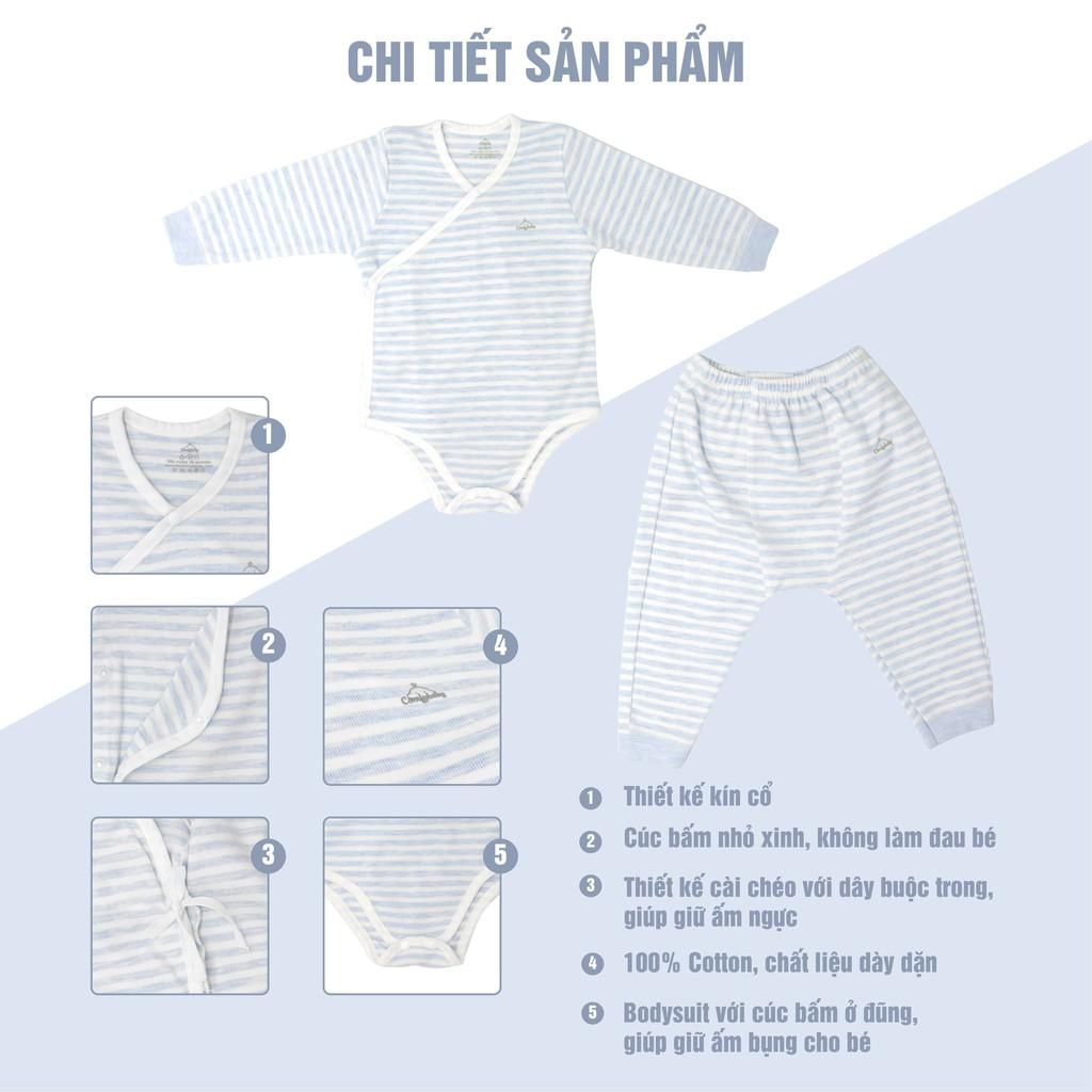 Set áo bodysuit cài chéo giữ ấm ngực dài tay kèm quần rời 100% Cotton cho bé Comfybaby