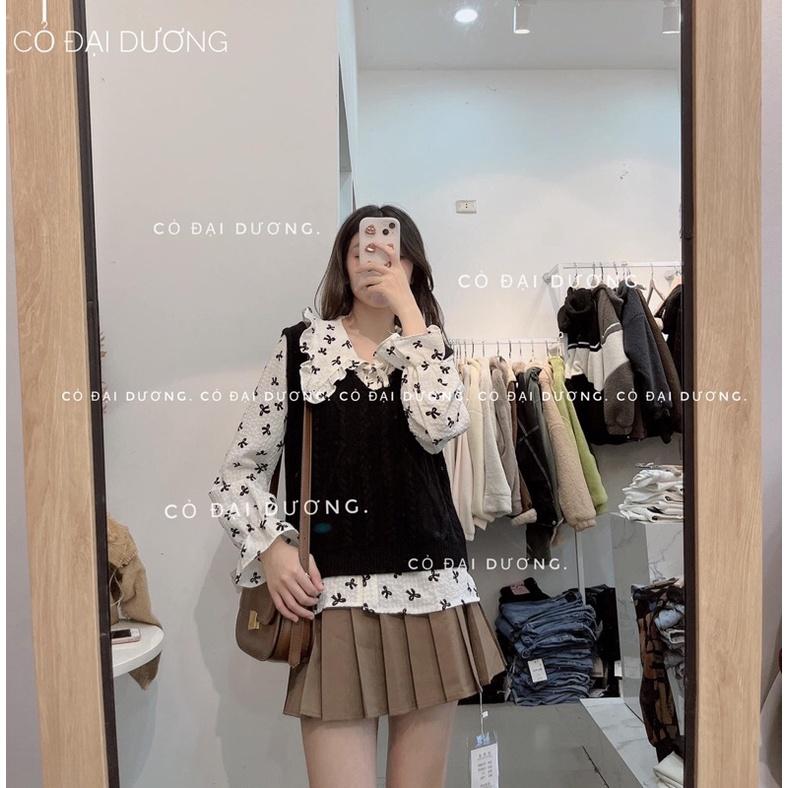 Set áo gile trơn kèm sm hoa nhí cổ nơ