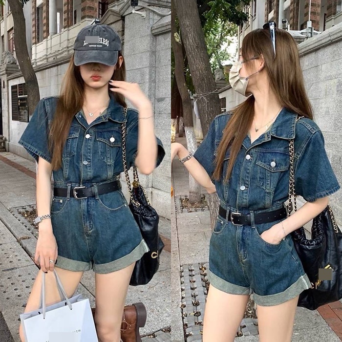 JUMPSUIT NGẮN ĐỒ BAY QUẦN ỐNG RỘNG SUÔNG TRƠN CỔ SƠ MI JEANS PLAYSUITS DENIM BO EO ĐI CHƠI ĐI PHƯỢT DẠO PHỐ  ĐI BIỂN