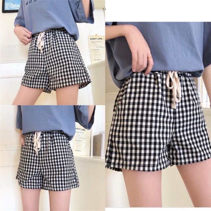 Quần short kẻ caro- quần sooc đùi ống rộng caro chất thô đũi phong cách ulzzang